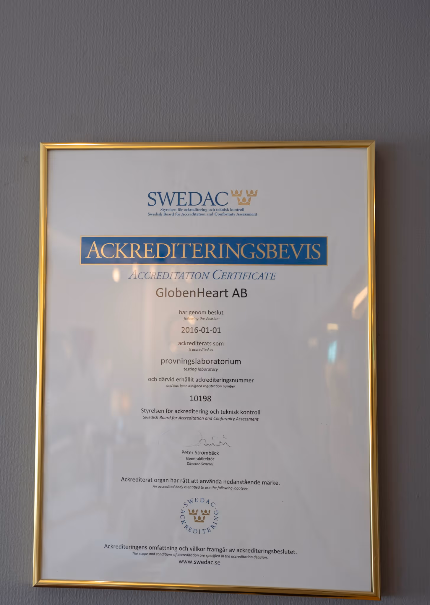 Ackrediteringsbevis från SWEDAC för GlobenHeart AB som provningslaboratorium med nummer 10198.