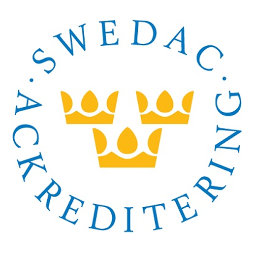 Logotyp för SWEDAC Ackreditering med tre gula kronor i cirkel och blå text runt.