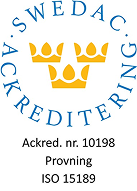 Swedac accrediteringsmärke med tre kronor och text om ackreditering och ISO 15189.